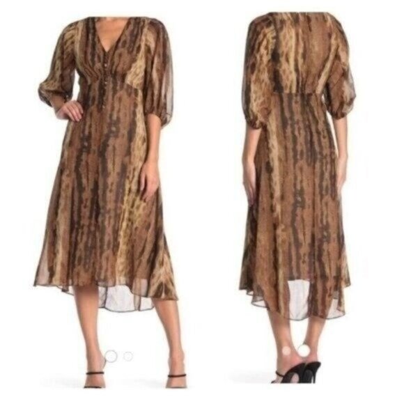 Taylor Chiffon Snake Reptile 3/4 Sheer Sleeve V-Neck Hi/lo Midi 6 Dress NWT - Picture 1 of 11